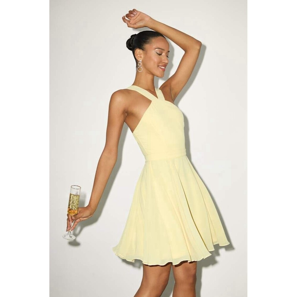 Lulus Forevermore Skater Golden Yellow Halter Dress Size XS NWT Kentucky Derby
